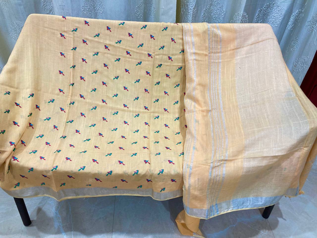 Pure Cotton Lenin Saree with Bird Embroidery Work in Pastel Shade