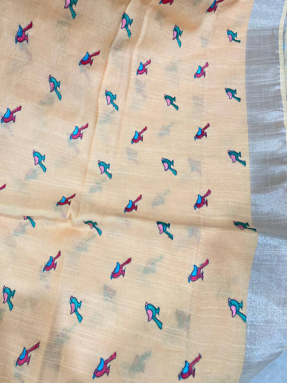Pure Cotton Lenin Saree with Bird Embroidery Work in Pastel Shade