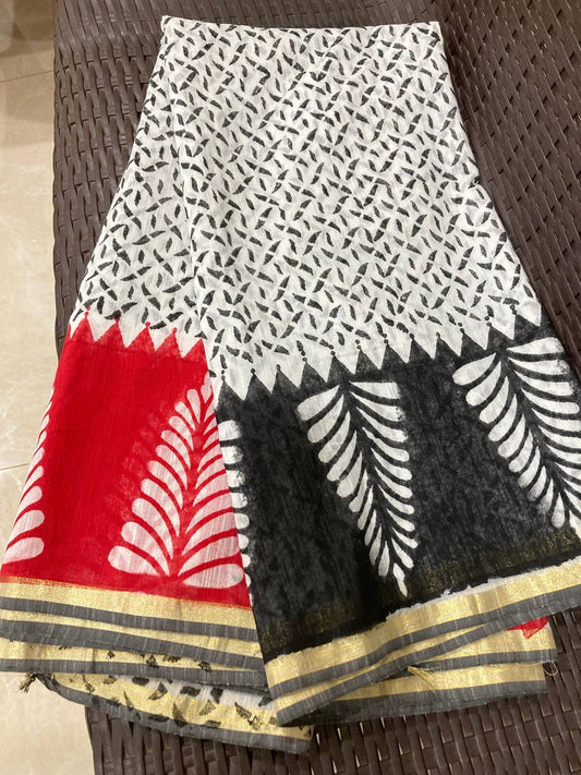 White Pure Khadi handloom saree with Handblock print